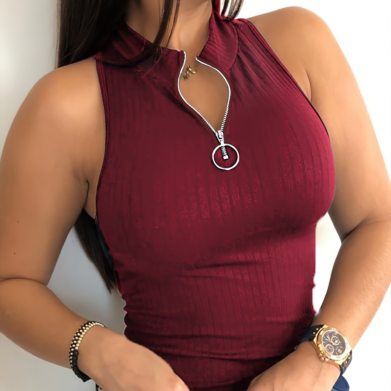 Zip Up Solid Tank Top, Casual Ribbed Sleeveless Tank Top For Summer, Women's Clothing